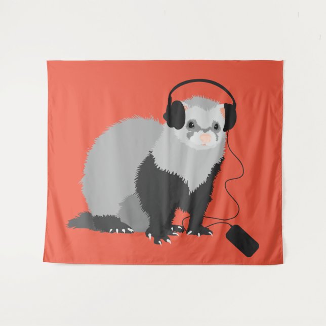 Funny Ferret Music Lover Wandteppich (Vorderseite (Horizontal))