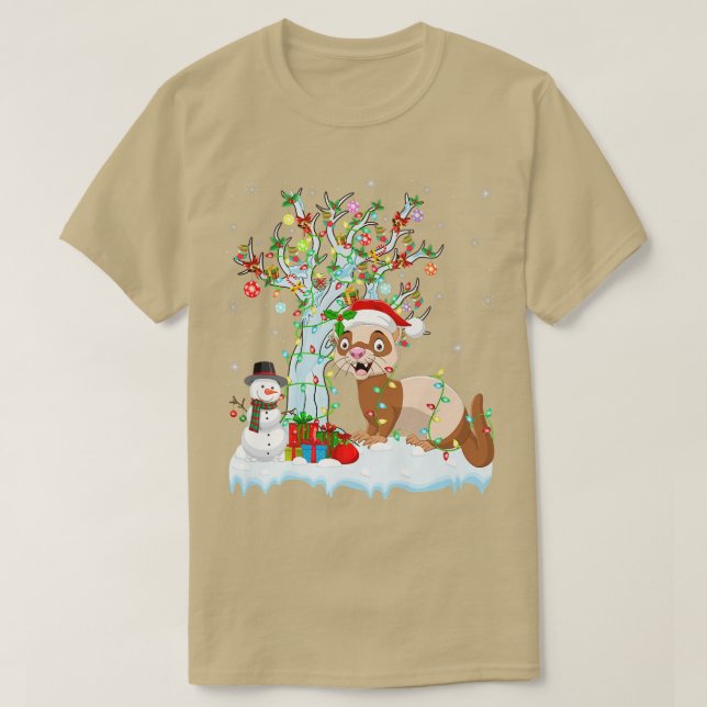 Funny Ferret Xmas Tree Lighting Weihnachtsmannmütz T-Shirt (Design vorne)