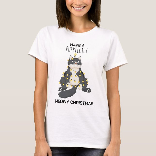 Funny Festive Christmas Cat Minimal Animal Lover T-Shirt (Vorderseite)
