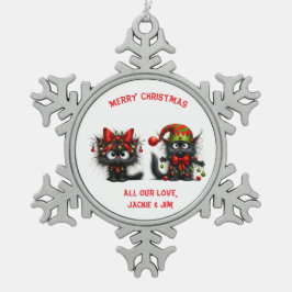 Funny Festive Frazzy Black Christmas Cats Schneeflocken Zinn-Ornament