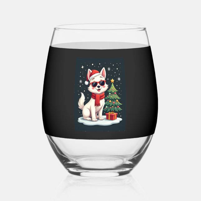 Funny Festive Sonnenbrille Hund mit Weihnachtsbaum Weinglas Ohne Stiel (Vorderseite)