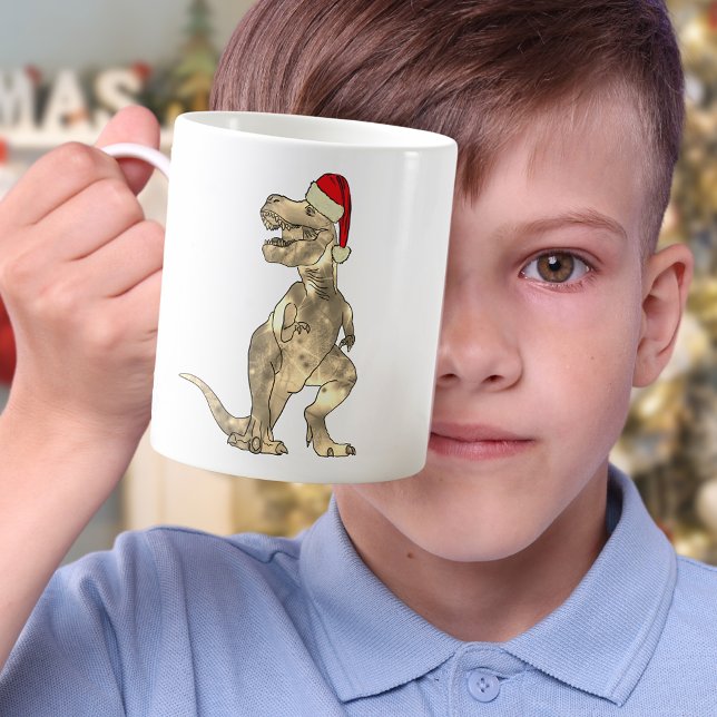 Funny Festive Tyrannosaurus Rex Santa Dinosaur Elf Kaffeetasse (Christmas dinosaur T-Rex wearing a Santa hat holiday mug)