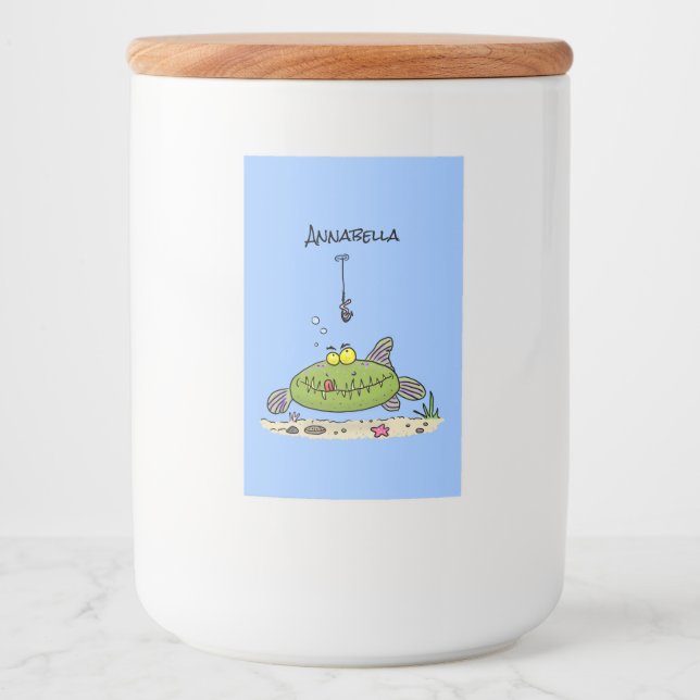 Funny Fett hungriger grüner Cartoon Lebensmitteletikett (Vorderseite)