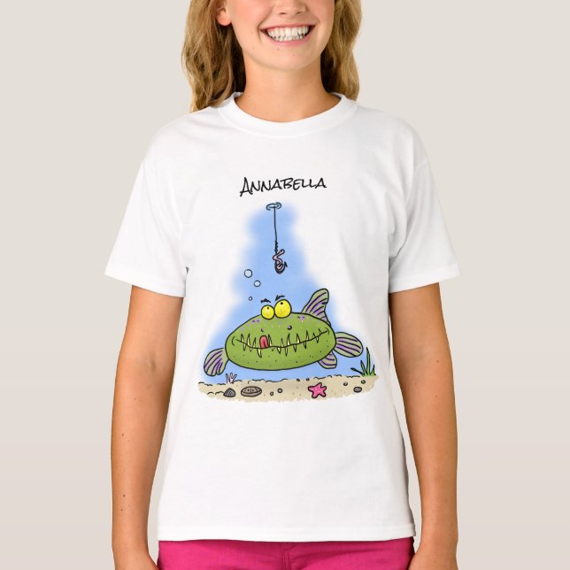 Funny Fett hungriger grüner Cartoon T-Shirt (Vorderseite)