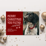 Funny Filthy Animal Pet Christmas Card Feiertagskarte<br><div class="desc">Erleben Sie die herzliche Nostalgie der Festsaison mit unserer verspielten Weihnachtskarte für Haustiere. Ein tiefroter Hintergrund Set die Bühne für ein wertvolles Foto Ihres geliebten Tieres, humorvoll mit dem Titel "Frohe Weihnachten Sie schmutzig Tier" getauft. Diese mit ihren Namen personalisierte und mit bezaubernden Pfotendrucken dekorierte Ferienkarte erinnert an das Lächeln...</div>