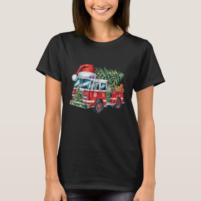 Funny Fireruck Weihnachtsmannmütze Weihnachtsbauml T-Shirt (Vorderseite)