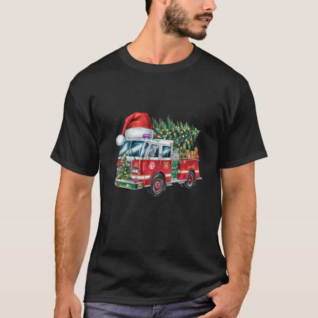 Funny Fireruck Weihnachtsmannmütze Weihnachtsbauml T-Shirt (Vorderseite)