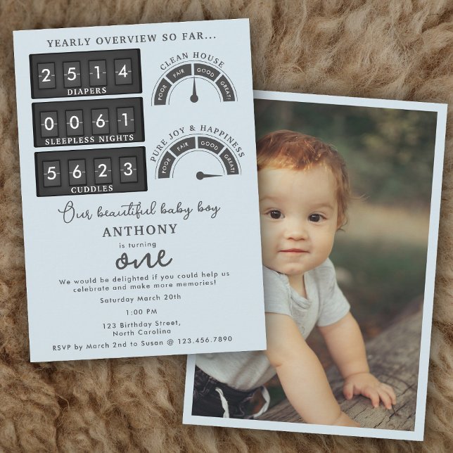 Funny First Birthday Baby Boy Cute Stats Photo Einladung (Funny First Birthday Baby Boy Cute Stats Photo Invitation)