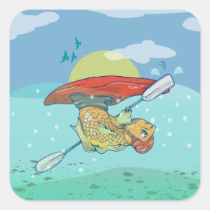 Funny fish kayaking quadratischer aufkleber