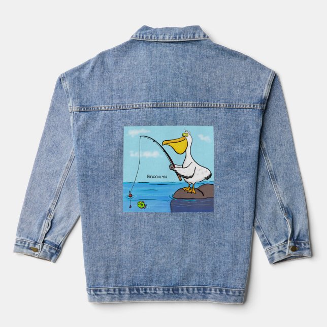 Funny Fish Pelican Cartoon Jeansjacke (Rückseite)