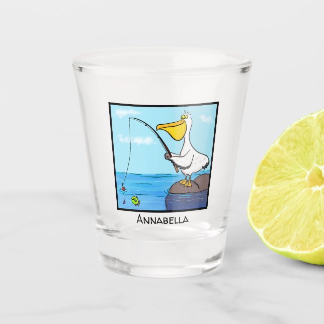 Funny Fish Pelican Cartoon Schnapsglas (Vorderseite)