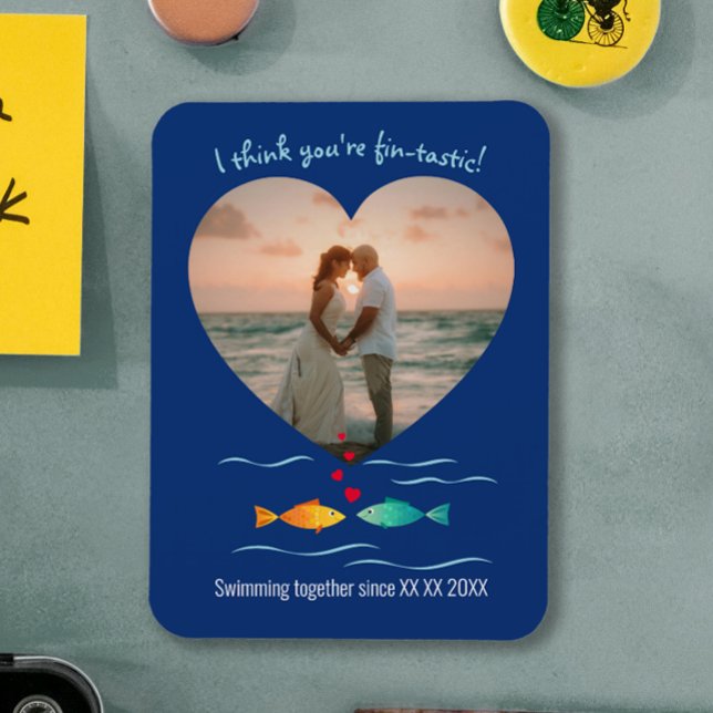 Funny Fish Pun Custom Photo Valentine's Day Magnet (Funny blue Valentine's day custom photo magnet with colorful ocean fish and heart shape)