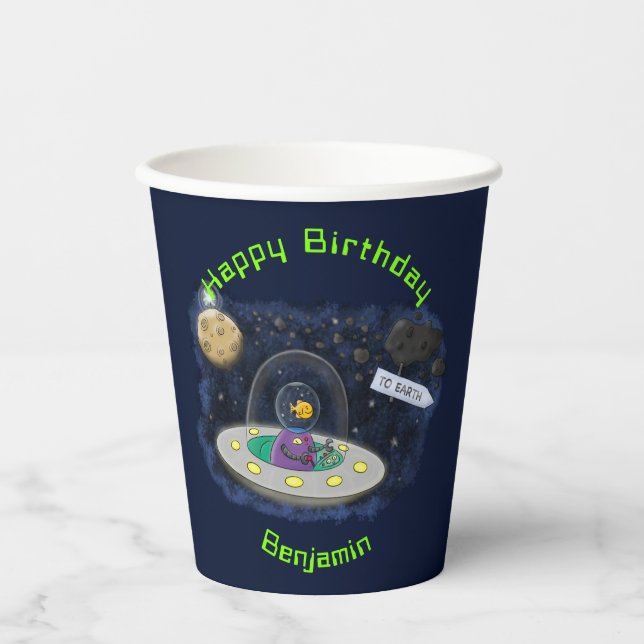 Funny Fish Weltraumschiff Cartoon Illustration Pappbecher (Vorderseite)