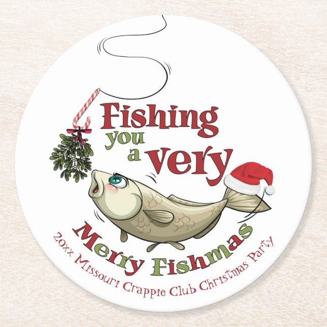Funny Fishing Christmas - Merry Fishmas Mistletoe Runder Pappuntersetzer (Vorderseite)