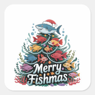 Funny Fishing Christmas Tree Fish Fisher Lover Quadratischer Aufkleber