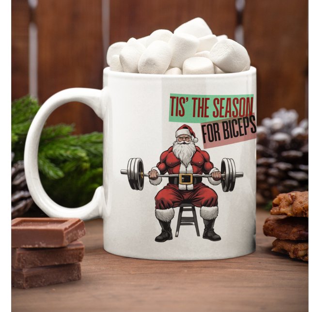 Funny Fitness Christmas Bicep Curls Barbell Kaffeetasse (Tis' The Season For Biceps. A gym going Santa Coffee Mug)