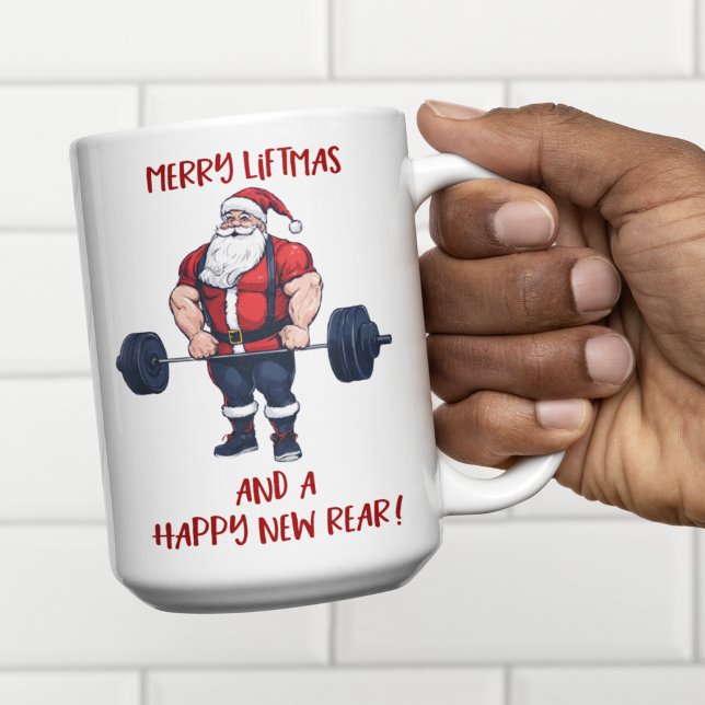 Funny Fitness Christmas Liftmas Barbell Santa Kaffeetasse (Fit Santa Claus has been hitting the weights! Merry Liftmas!)