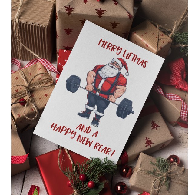 Funny Fitness Christmas Liftmas Barbell Santa Pun Dankeskarte (Swole santa Christmas greeting card.)
