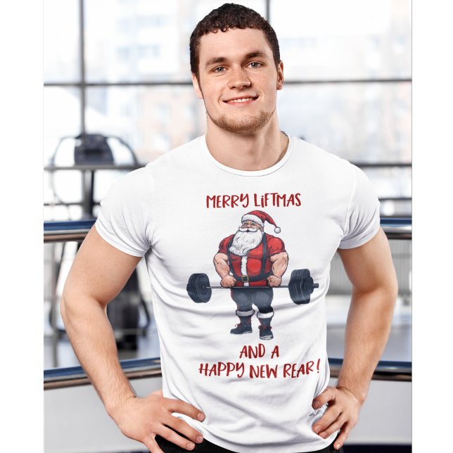 Funny Fitness Christmas Liftmas Barbell Santa T-Shirt (Funny personal trainer Christmas shirt. MERRY LIFTMAS. A great pun for at the gym this holiday.)