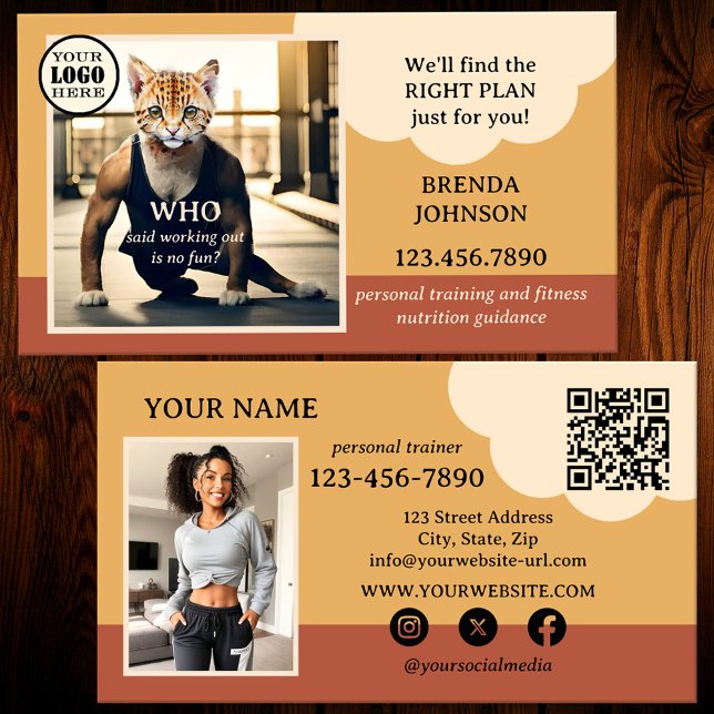 Funny Fitness Health Personal Trainer Visitenkarte (Funny business card for a fitness instructor in terra cotta colors with QR code template and photo)