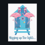 Funny Flamingo Christmas Lights Beach Hütte Postkarte<br><div class="desc">Flamingo Weihnachtskarte mit Flamingo-Paar,  die ihre Strandhütte mit Weihnachtsbeleuchtung für die Ferien schmücken und die Worte "Rigging up the Lights". Niedliche Strandkarte,  die an Freunde und Familie während der Ferienzeit am Meer geschickt wird.</div>