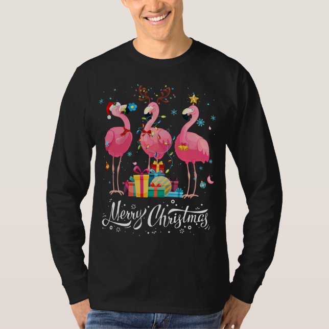 Funny Flamingo Lights Weihnachtsmannmütze Sweater  T-Shirt (Vorderseite)