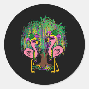 Funny Flamingo Mardi Gras Carnival Beads Tree Jest Runder Aufkleber