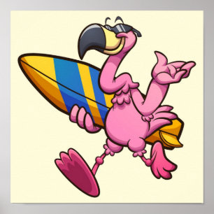 Funny Flamingo mit Surf Board Poster