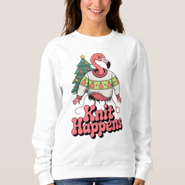 Funny Flamingo Strick Happens Ugly Christmas Sweat Sweatshirt (Vorderseite)