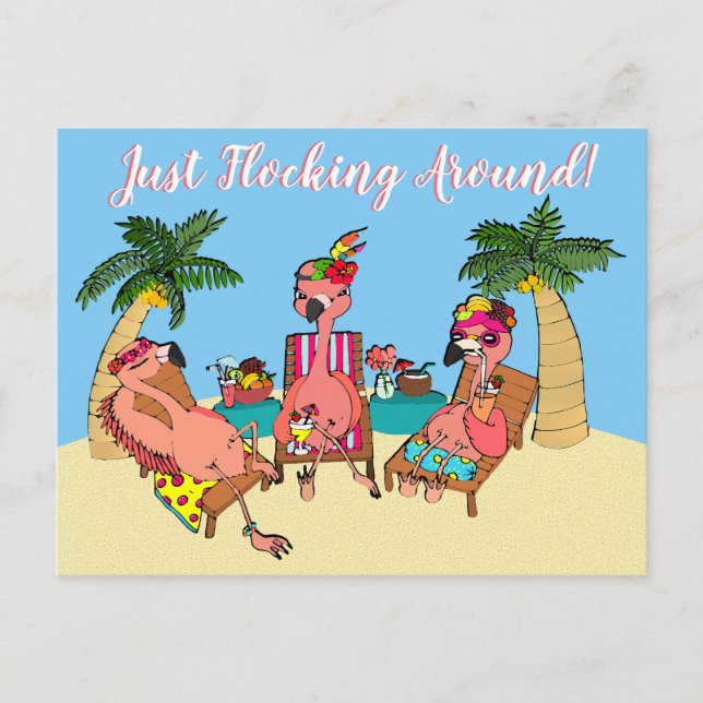 Funny Flamingos on Beach Vacation Illustration Postkarte (Vorderseite)