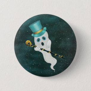 Funny Floating Ghost in Sky Blue Green Top Hat Button
