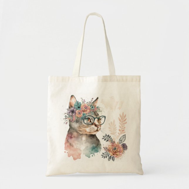 Funny Floral Cat mit Glas Tragetasche (Vorne)