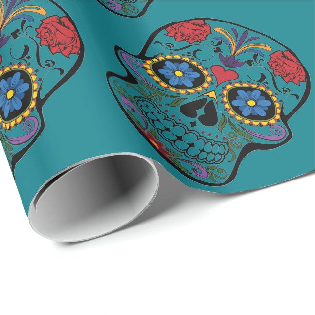 Funny Floral Skull Aquamarin Geschenkpapier (Rolleneckpunkt)
