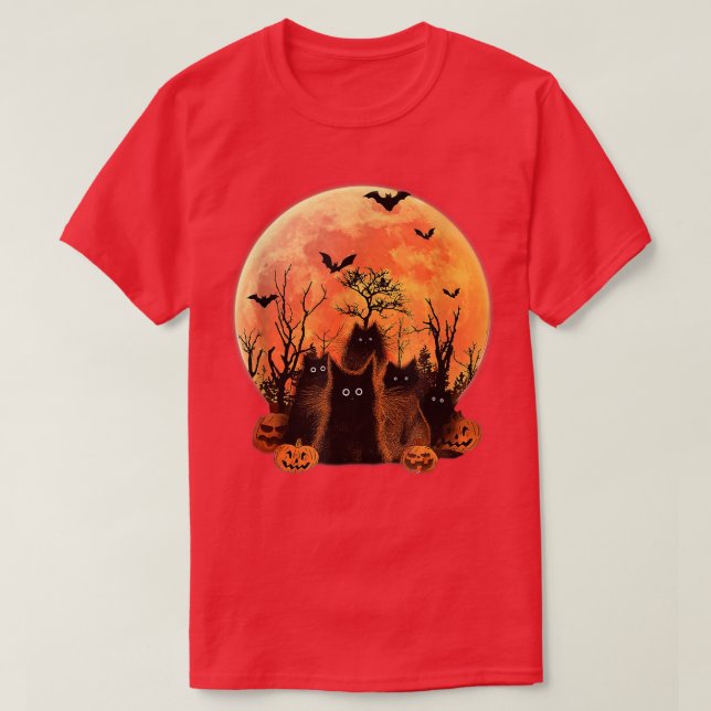 Funny Fluffy Black Cats Moon Pumpkin Bats Hallowee T-Shirt (Design vorne)