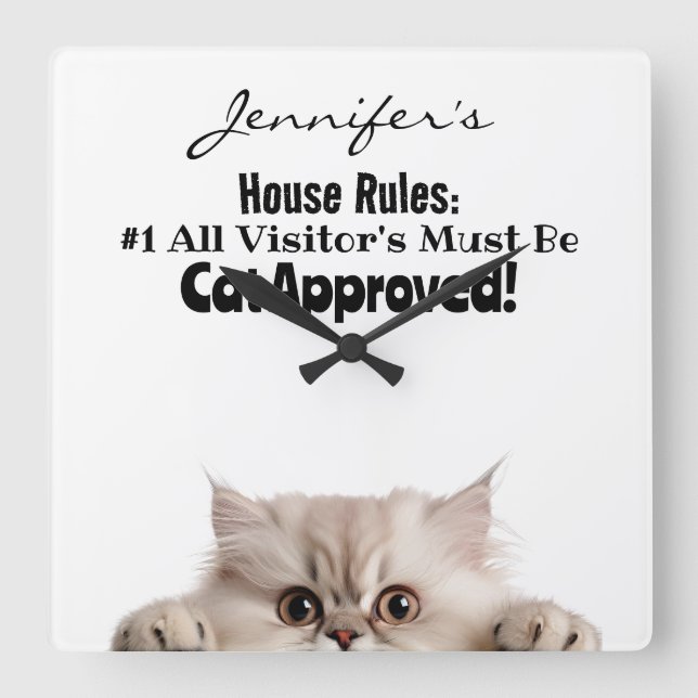 Funny Fluffy Cat Wall Clock Quadratische Wanduhr (Vorderseite)
