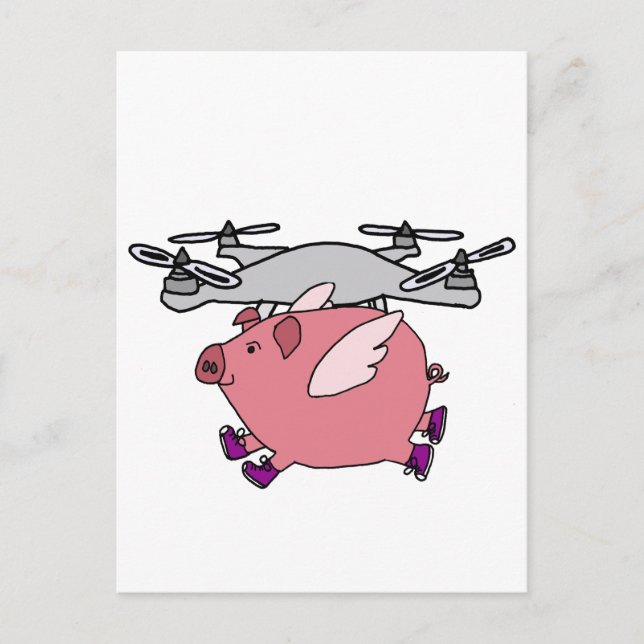 Funny Flying Pig Drone Cartoon Postkarte (Vorderseite)