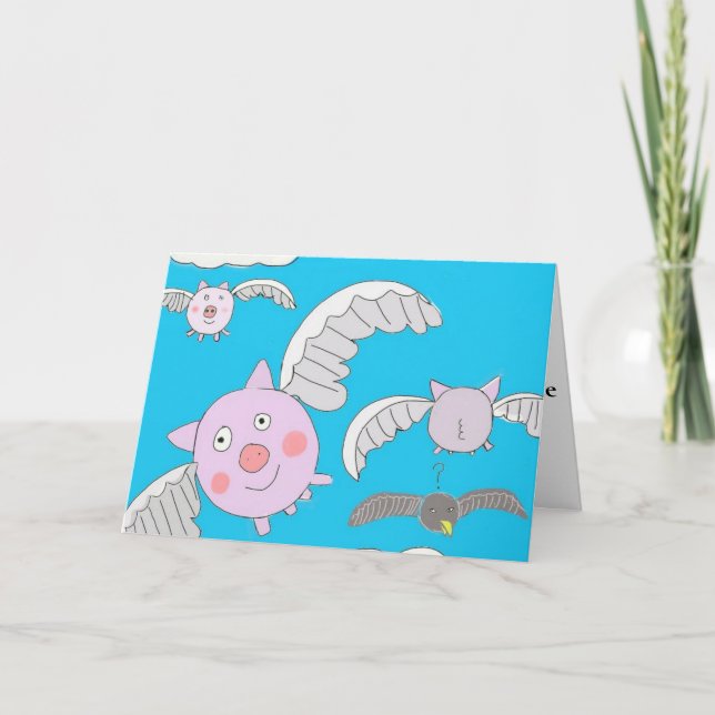 Funny Flying Schweine und bemused Crow Karte (Vorderseite)