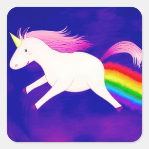 Funny Flying Unicorn Fargend a Rainbow Quadratischer Aufkleber