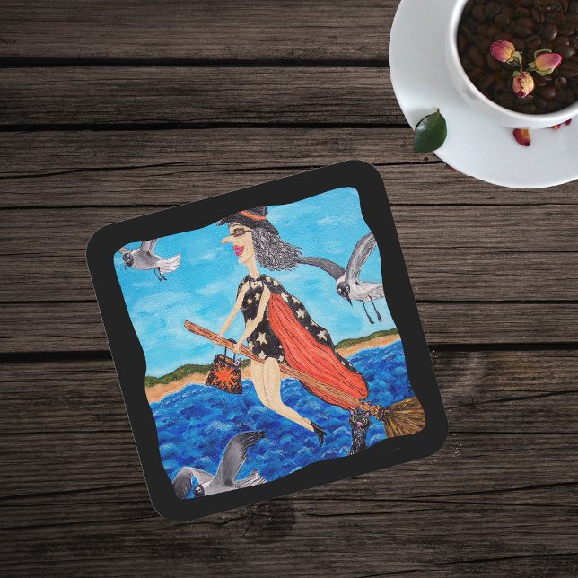 Funny Flying Witze Broom Cat Seagulls Beach Rechteckiger Pappuntersetzer (Fun Flying Witch Seagulls in Bathing Suit going to the beach over ocean on paper drink coaster.)