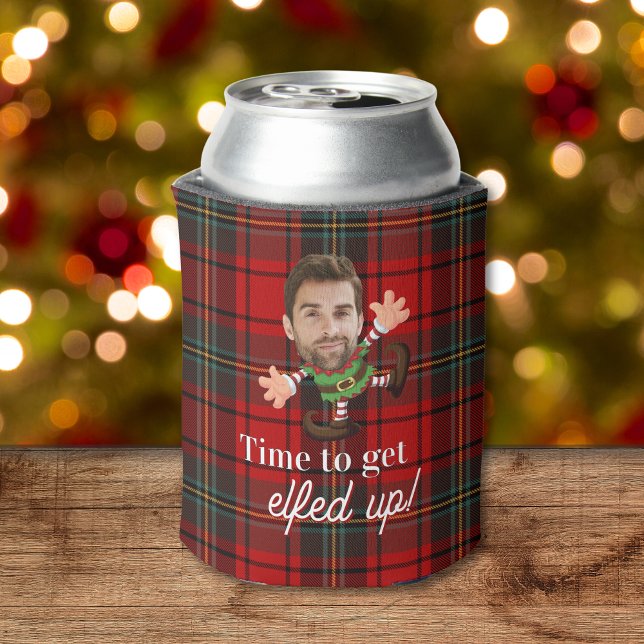 Funny Foto Gesicht Elfed up Christmas Custom Gift Dosenkühler (red plaid funny photo face can cooler for christmas gift with time to get elfed up merry christmas)