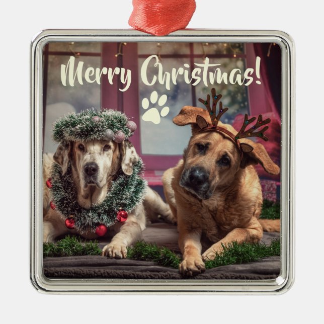Funny Foto Hunde in Christmas Antlers and Headwear Ornament Aus Metall (Vorne)