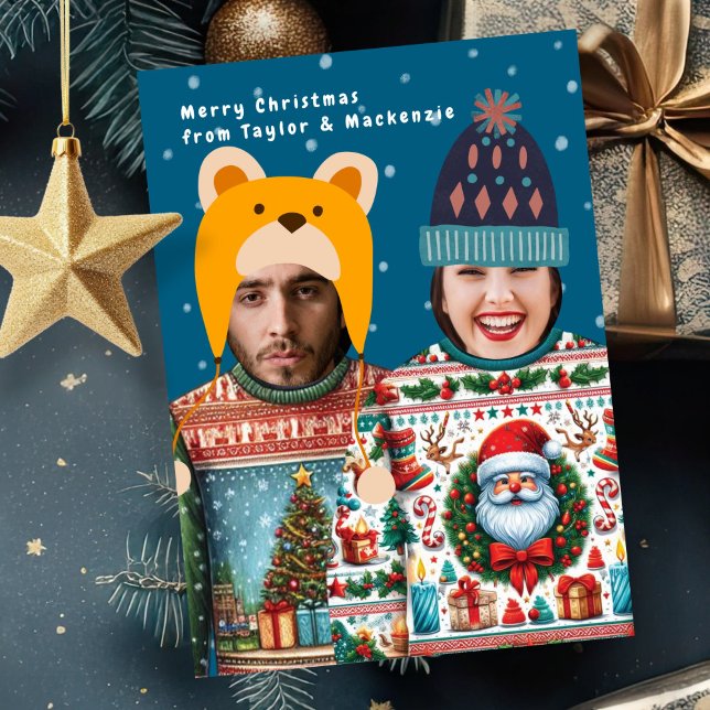 Funny Foto Personalisiert Weihnachts-Jumper Acryleinladungen (Funny Photo Personalized Christmas Jumper Acrylic cards By Ricaso. Add your own faces to this card)
