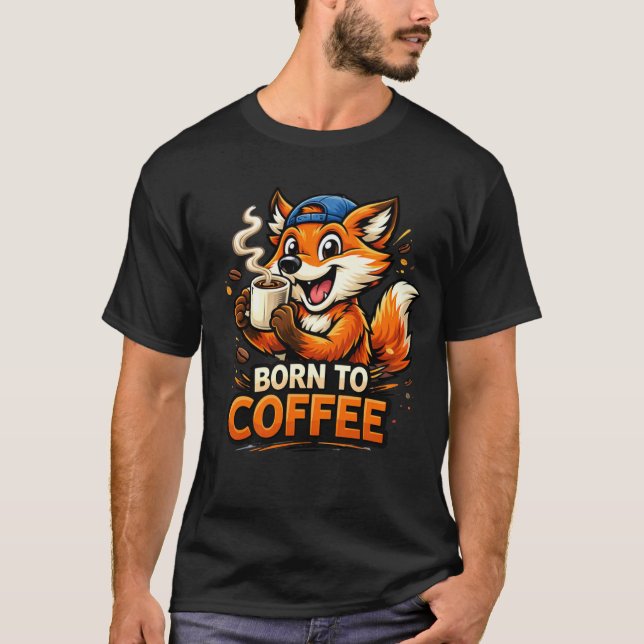 Funny Fox Drinking Coffee Cartoon Design T-Shirt (Vorderseite)