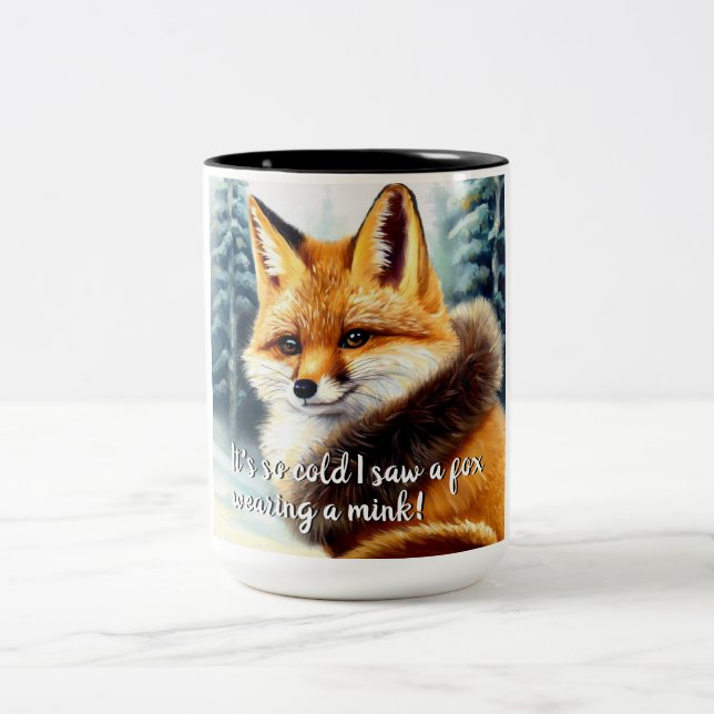 Funny Fox in Mink New Year's Eve Zweifarbige Tasse (Mittel)