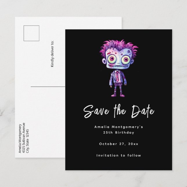 Funny Frankenstein Monster Halloween Geburtstag Sp Ankündigungspostkarte (Vorne/Hinten)