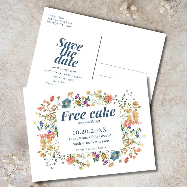 Funny Free Cake Wildblumen Hochzeit Save the Date Ankündigungspostkarte (Funny Free Cake Wildflowers Wedding Save the Date)