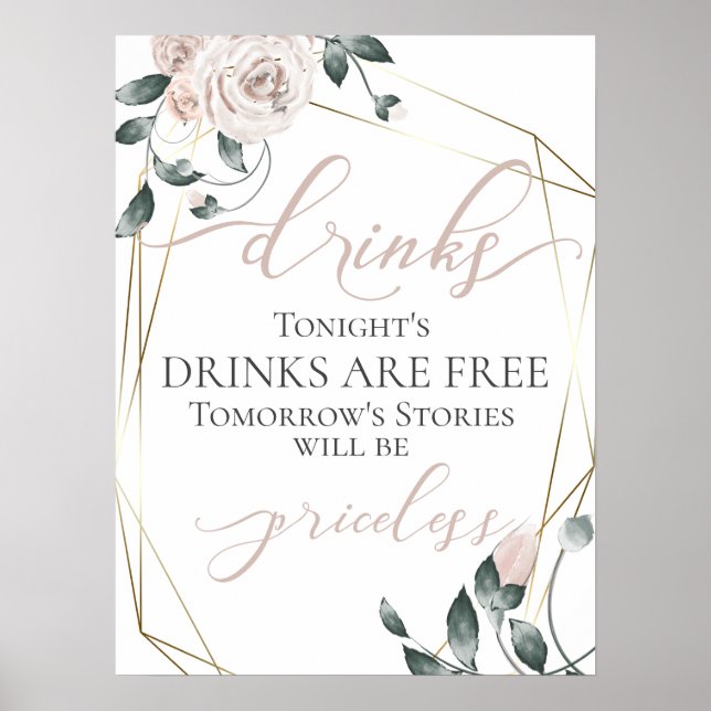 Funny Free Drinks Bar Menu Signieren Pink Gold Gol Poster (Vorne)