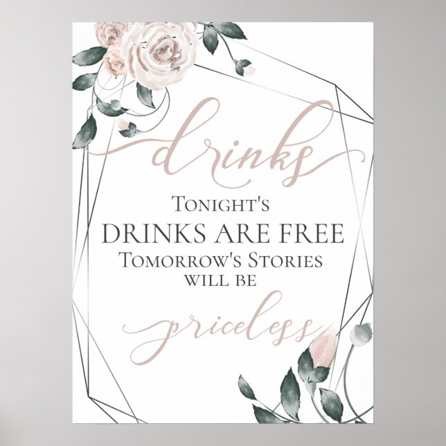 Funny Free Drinks Bar Menu Signieren Rosa Silber Poster (Vorne)