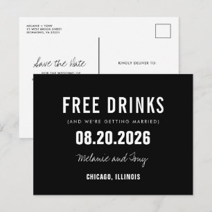 Funny Free Drinks Black Wedding Save the Date Ankündigungspostkarte