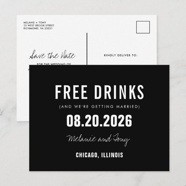 Funny Free Drinks Black Wedding Save the Date Ankündigungspostkarte (Vorne/Hinten)